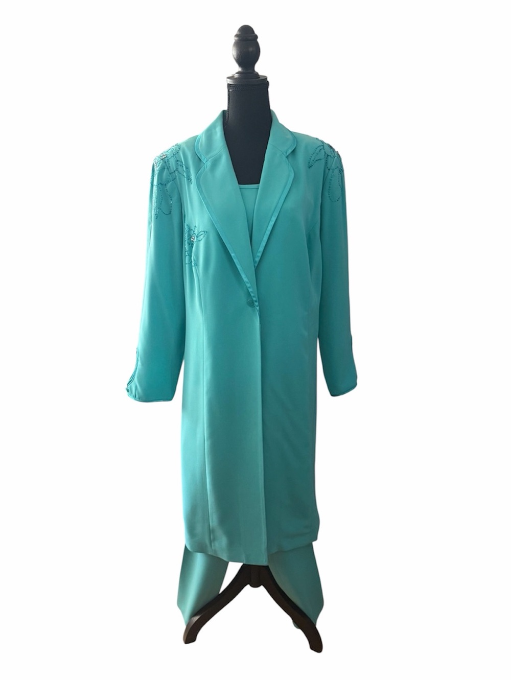 Midnight Velvet Turquoise 3pc Midi Pant Suit, w/Beads and Rhinestones, Size 18W
